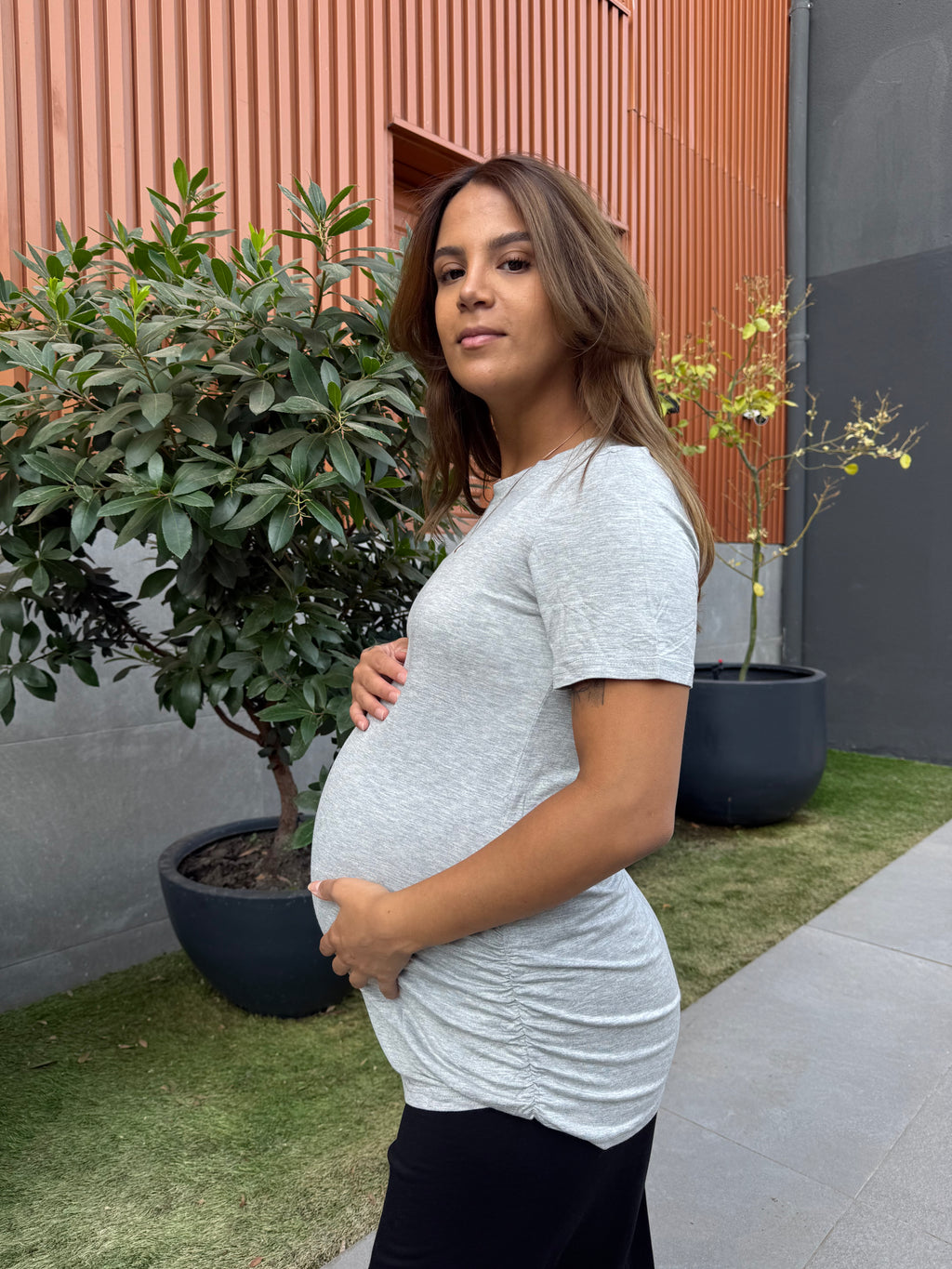 Polera maternal Mom azul gris jaspeado