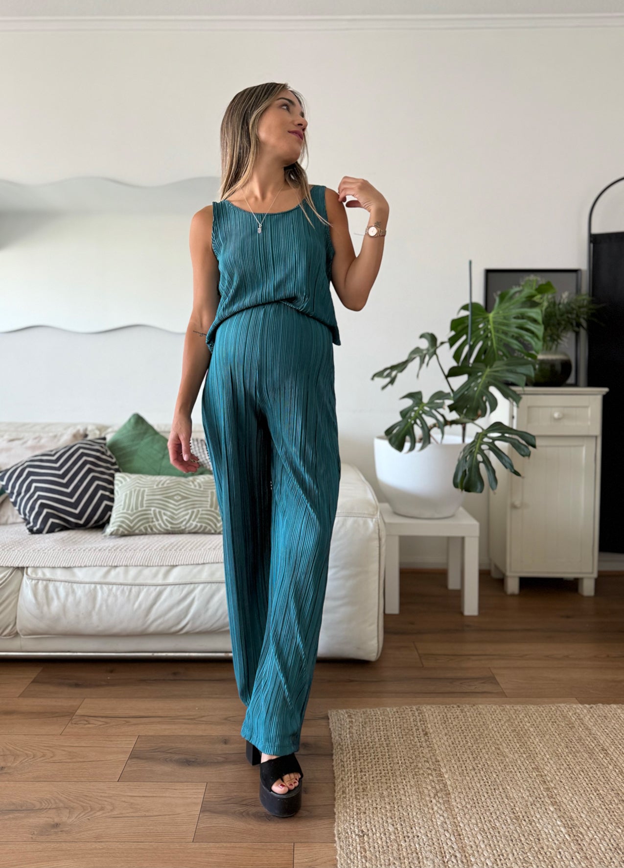 Set (palazzo mas top) plisado verde - Trenda 