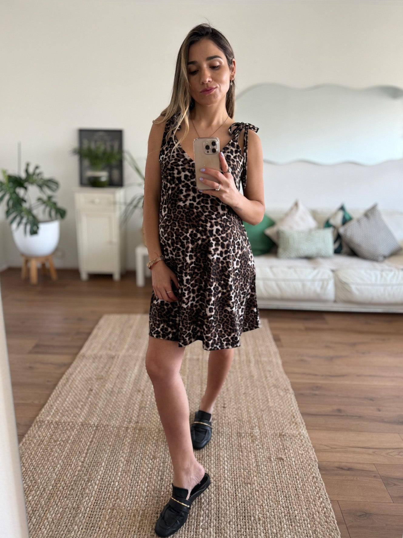 Vestido maternal embarazo y lactancia Santorini, leopardo café - Trenda 