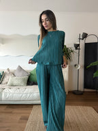 Set (palazzo mas blusa 3/4) plisado verde petróleo - Trenda 