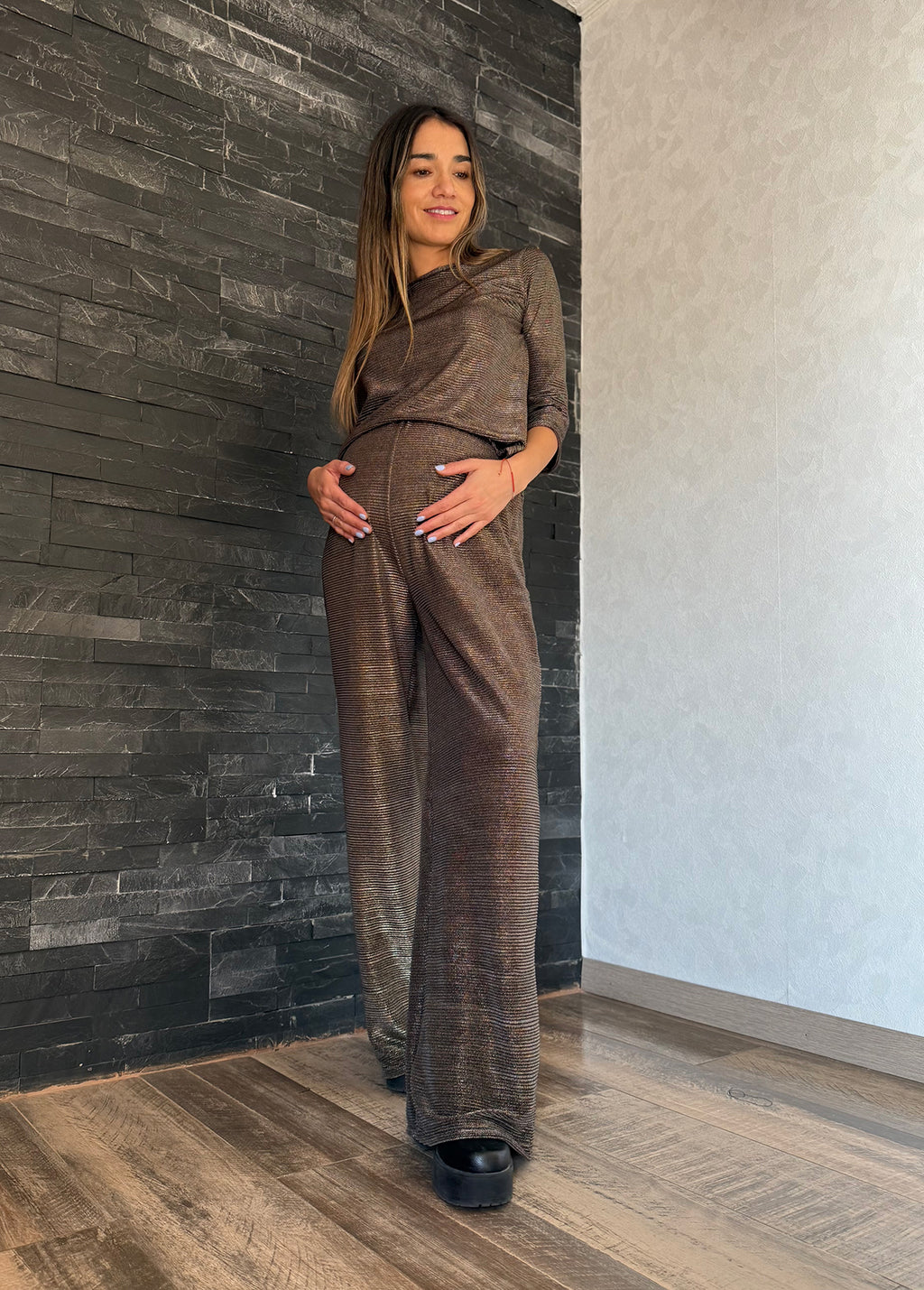 Set (palazzo mas blusa 3/4) plisado dorado - Trenda 