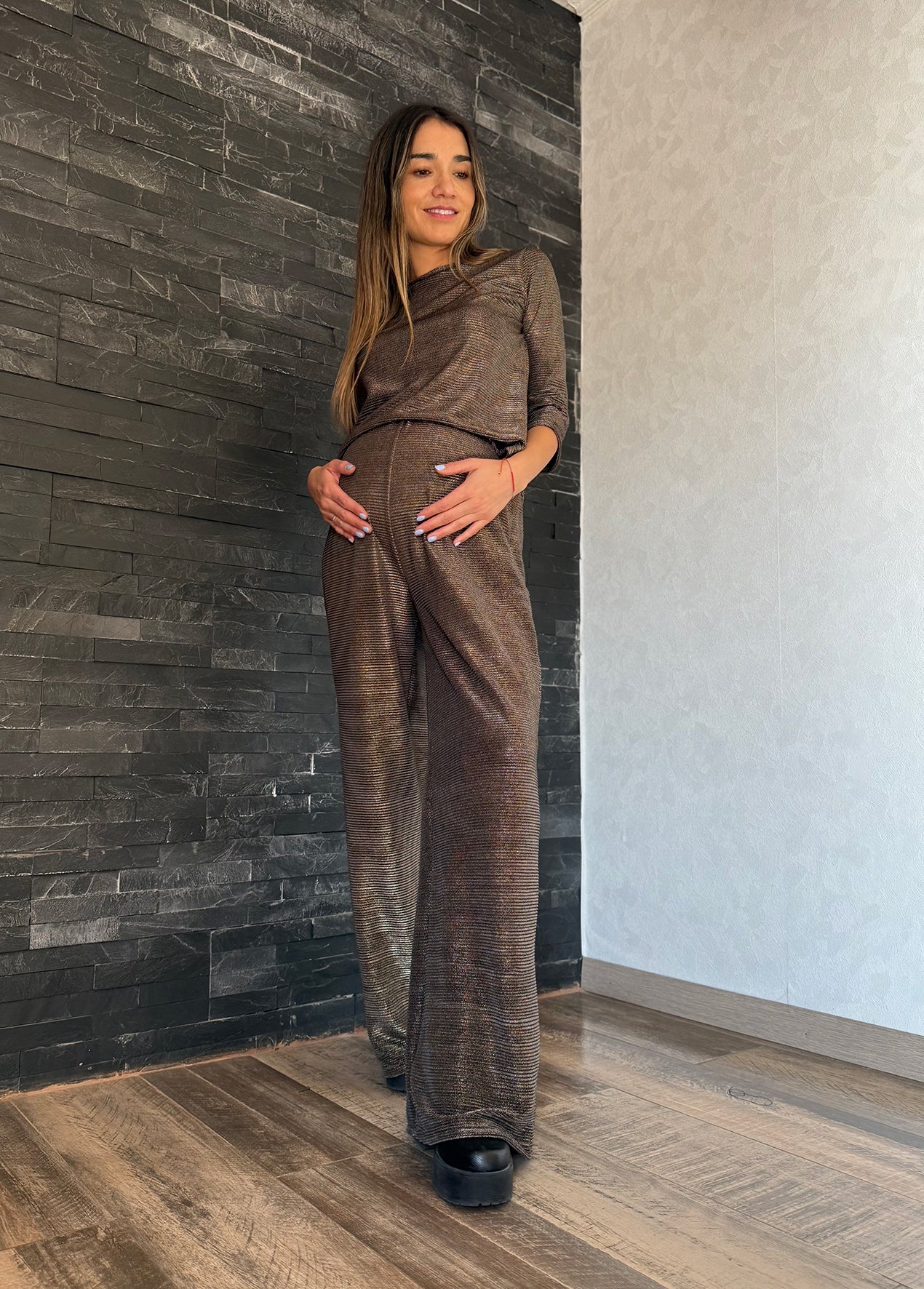 Set (palazzo mas blusa 3/4) plisado dorado - Trenda 